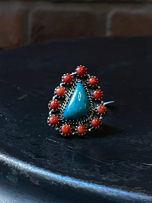 Kingman Turquoise Coral Cluster Ring | Sterling Silver | Size 7 | A187