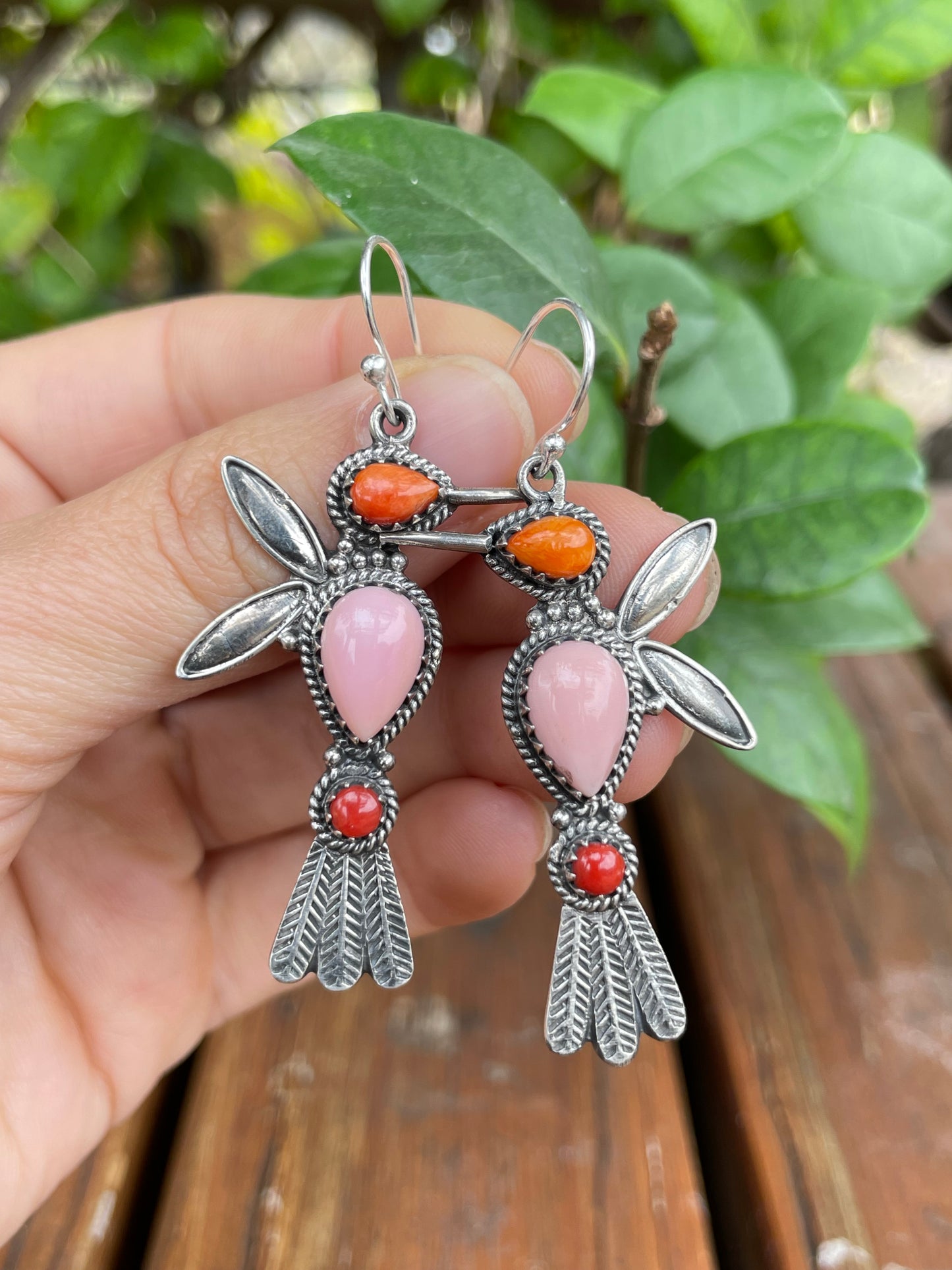 Pink Conch Hummingbird Earrings | Spiny Oyster & Coral | Sterling Silver B962