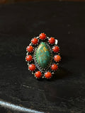 Kingman Turquoise Coral Cluster Ring | Sterling Silver | Size 8 | A186