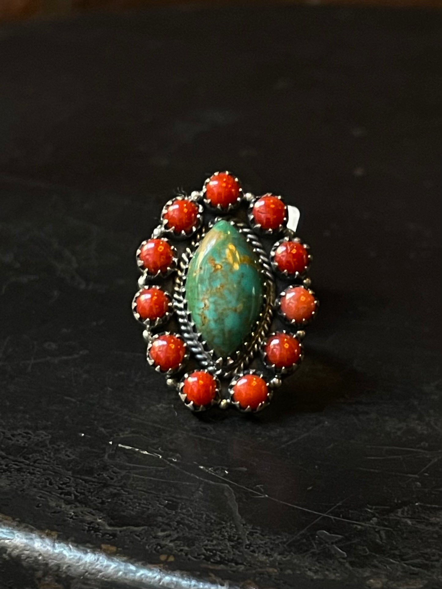 Kingman Turquoise Coral Cluster Ring | Sterling Silver | Size 8 | A186