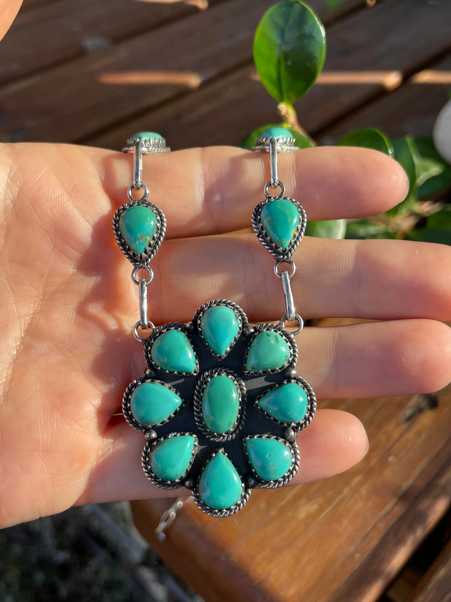 Kingman Turquoise Flower Necklace | Sterling Silver 925 Cluster |B895