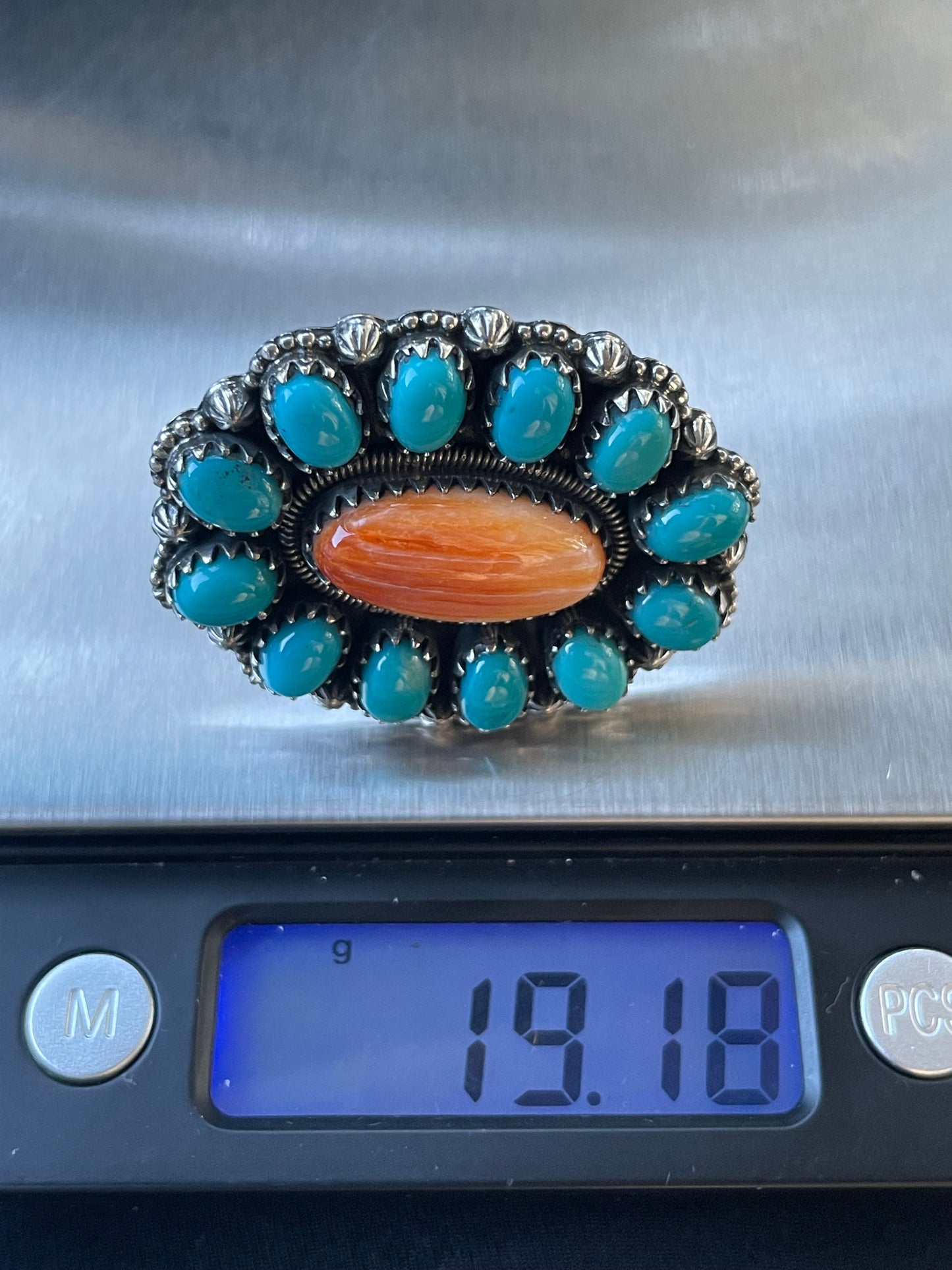 Spiny Oyster Kingman Turquoise Cluster Ring Size 6 | 925 Sterling Silver B999