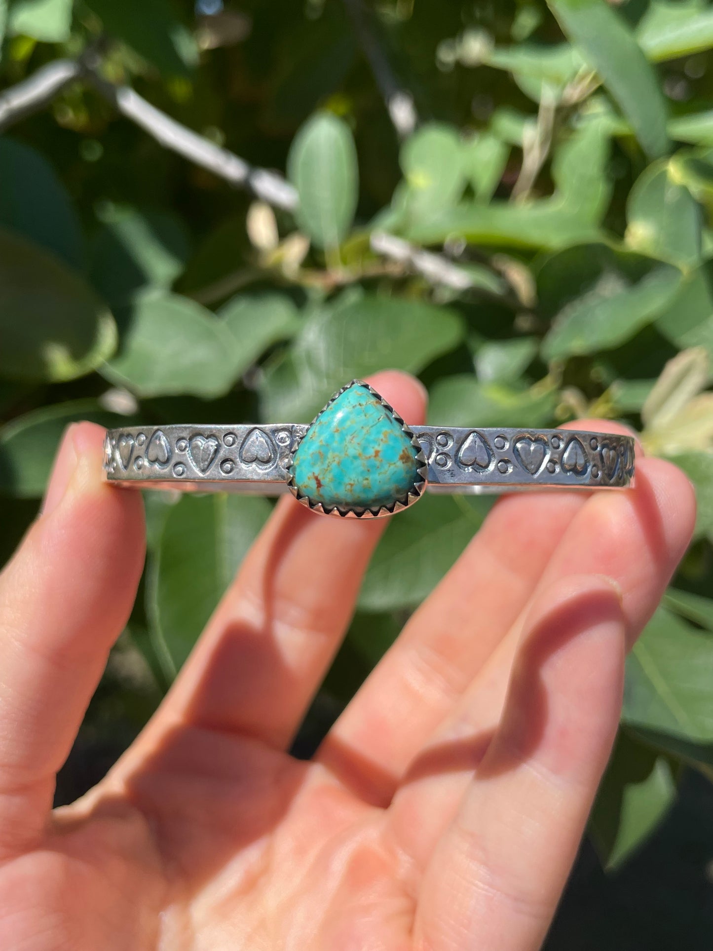 Kingman Turquoise Heart Stamped Cuff Bracelet | Sterling Silver D144