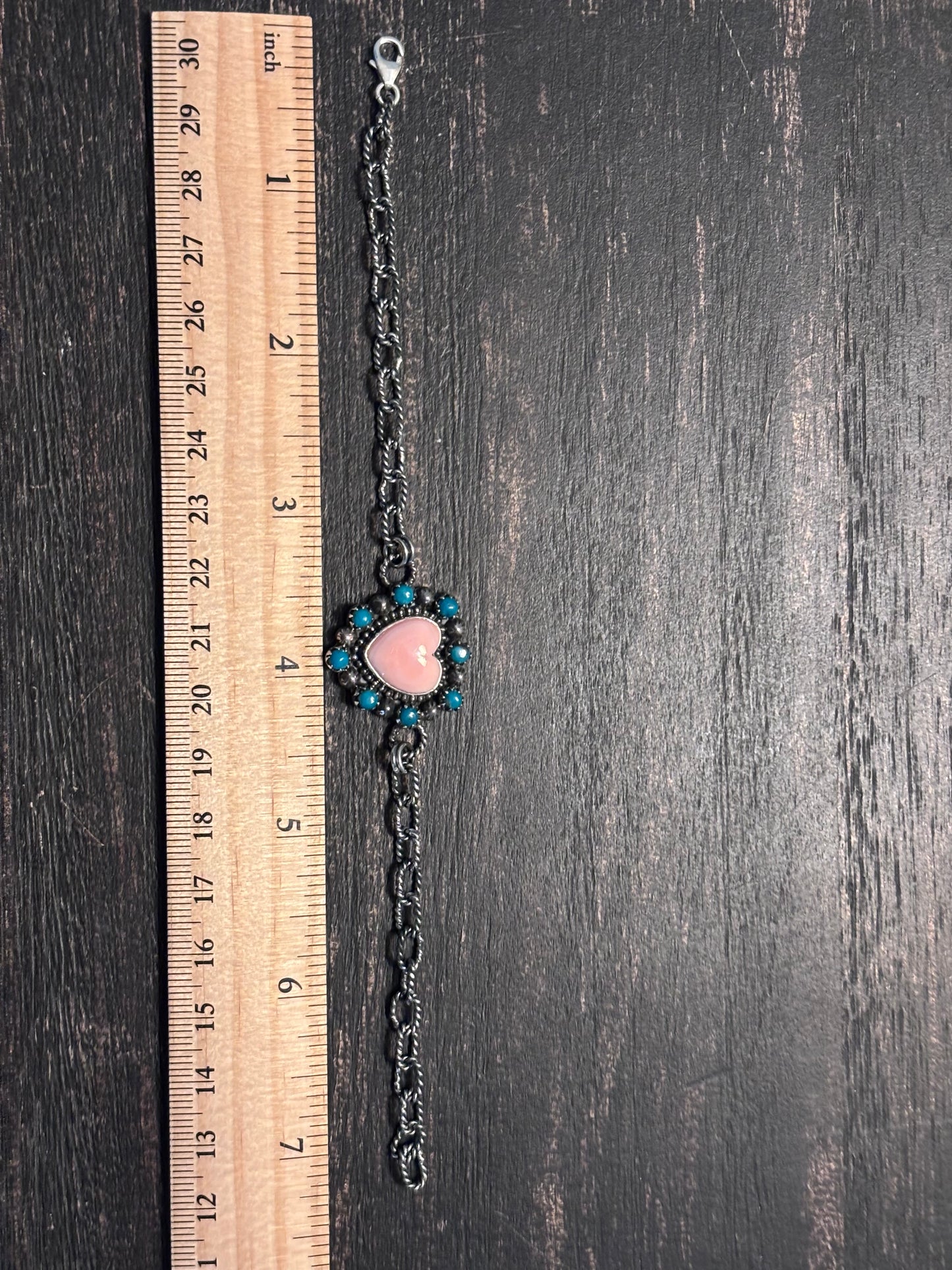 Pink Conch Heart Link Bracelet | 925 Sterling Silver Southwestern Style A001