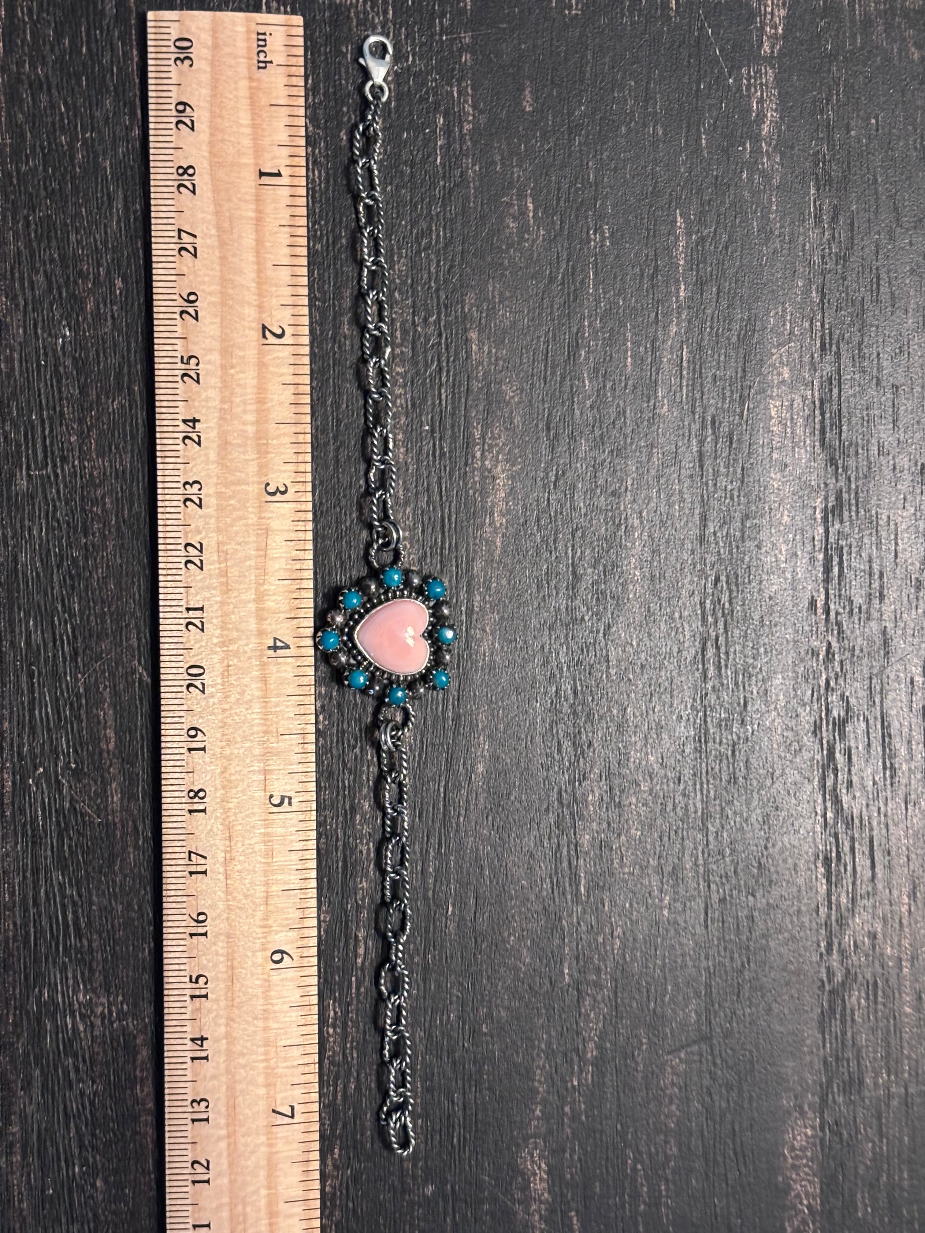Pink Conch Heart Link Bracelet | 925 Sterling Silver Southwestern Style A001