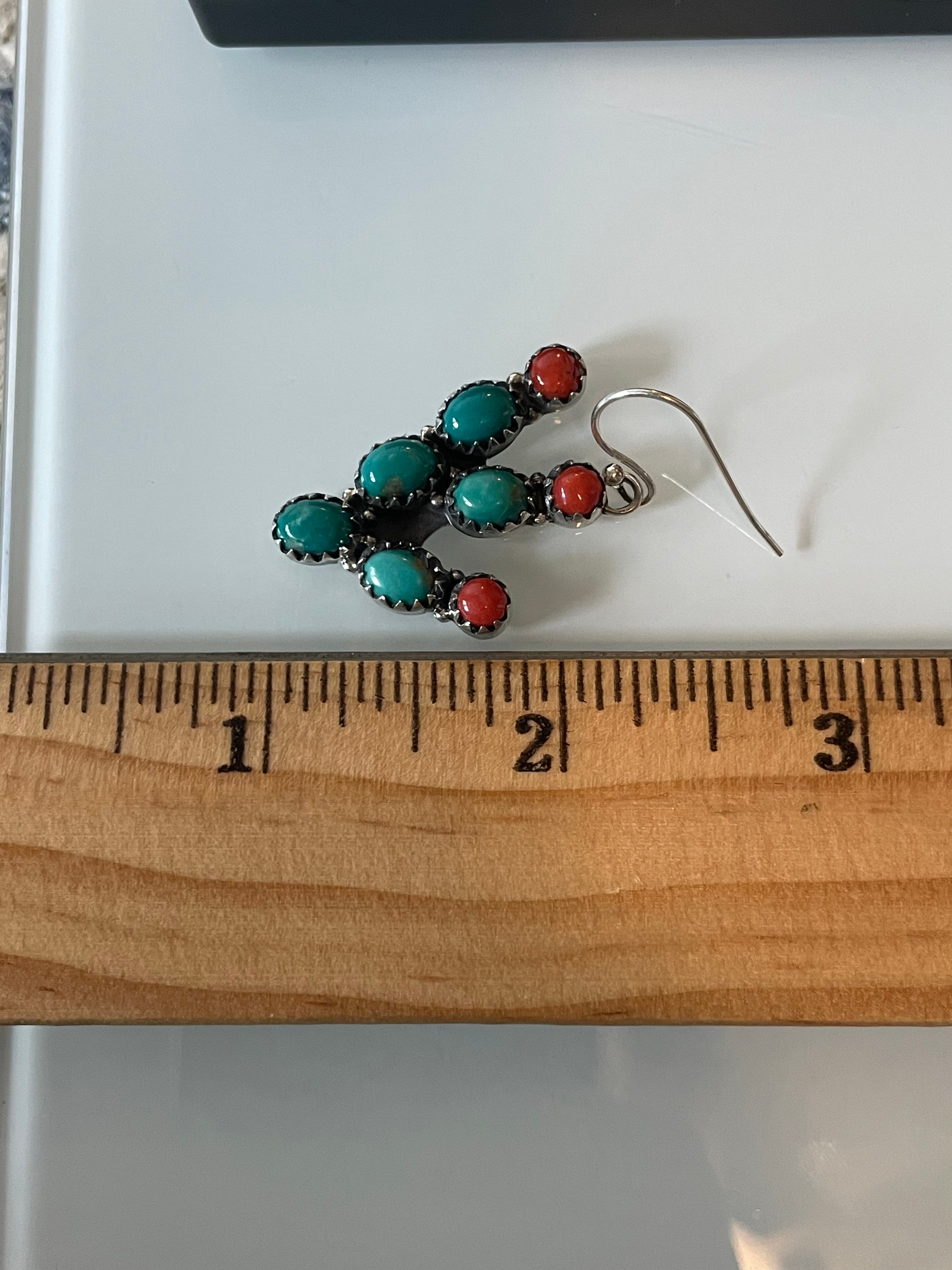 Kingman Turquoise & Italian Coral Prickly Pear Hook Earrings | 925 Sterling Silver G656