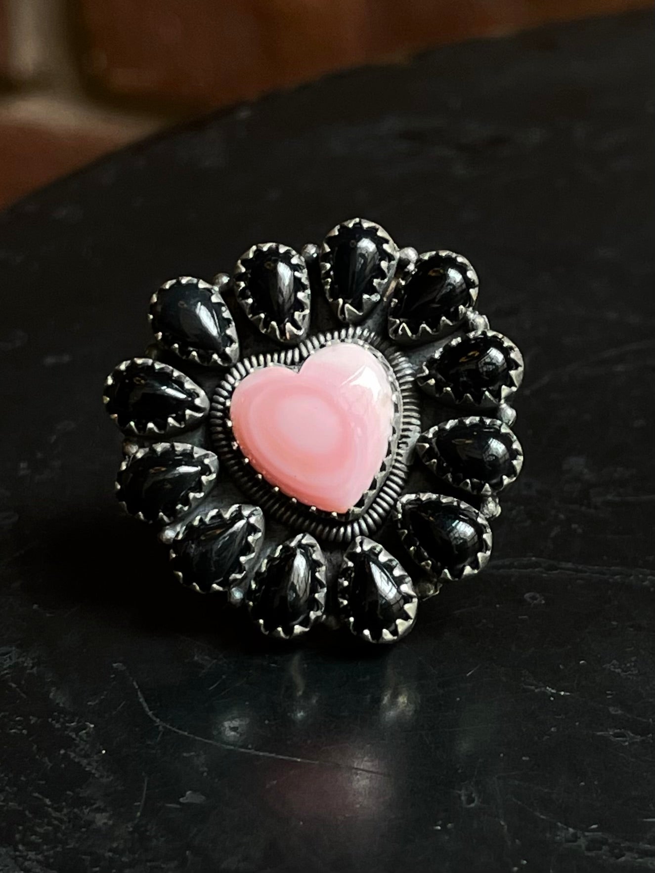 Pink Conch Black Onyx Cluster Ring Size 7 | Sterling Silver E765