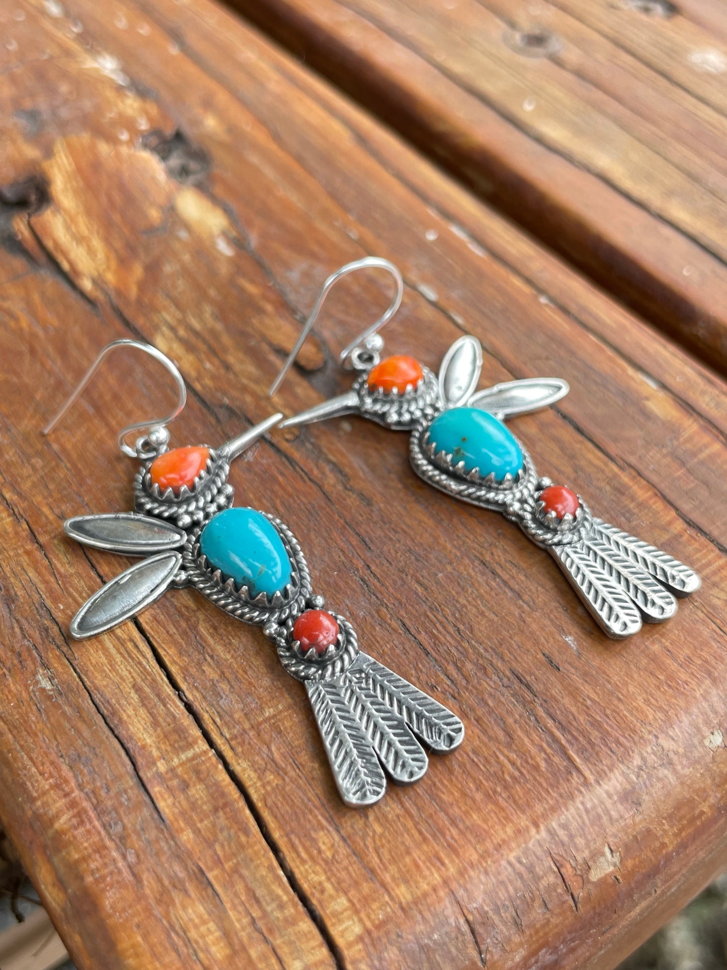 Turquoise Coral Spiny Oyster Hummingbird Earrings | Sterling Silver B952