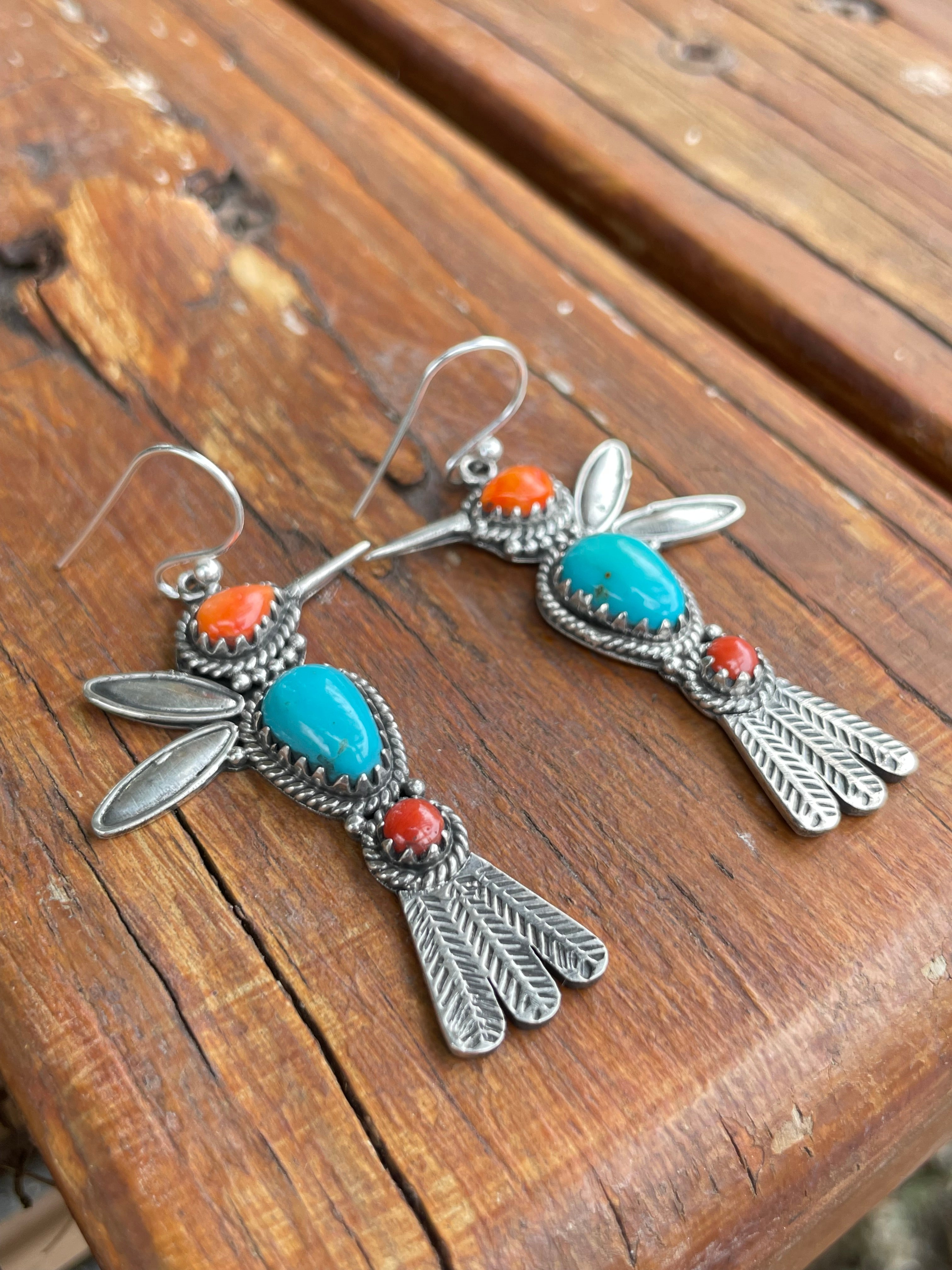 Turquoise Coral Spiny Oyster Hummingbird Earrings | Sterling Silver B952