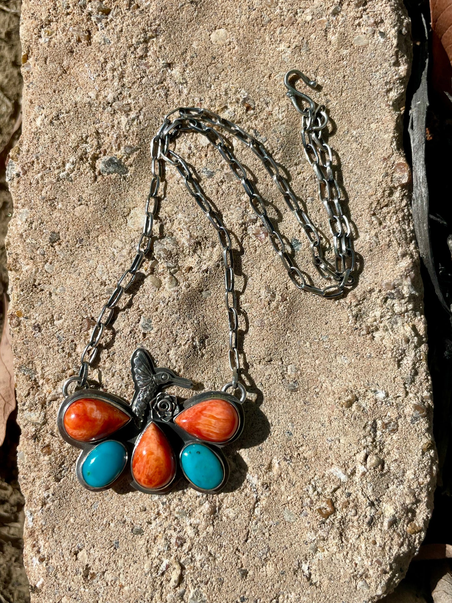 Spiny Oyster & Turquoise Hummingbird Necklace | 925 Sterling Silver D121