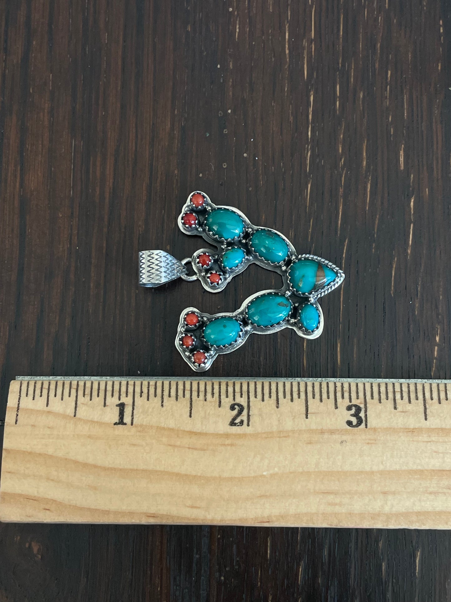 Kingman Turquoise Coral Cactus Pendant | Sterling Silver E928