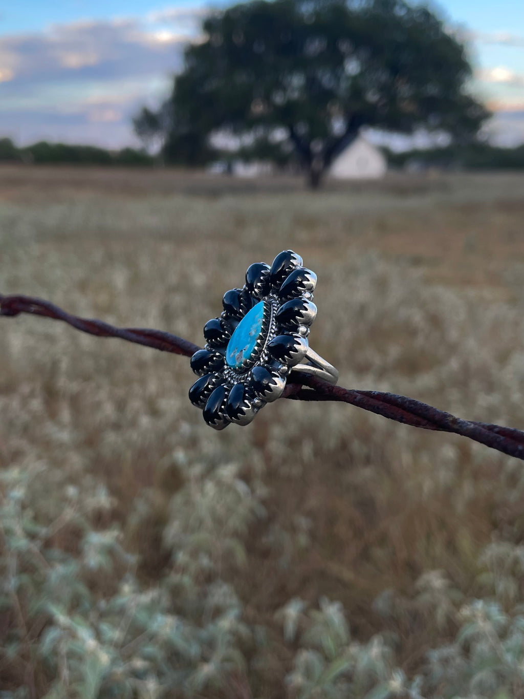 Turquoise & Black Onyx Cluster Ring | 925 Sterling Silver Size 8.75 G823
