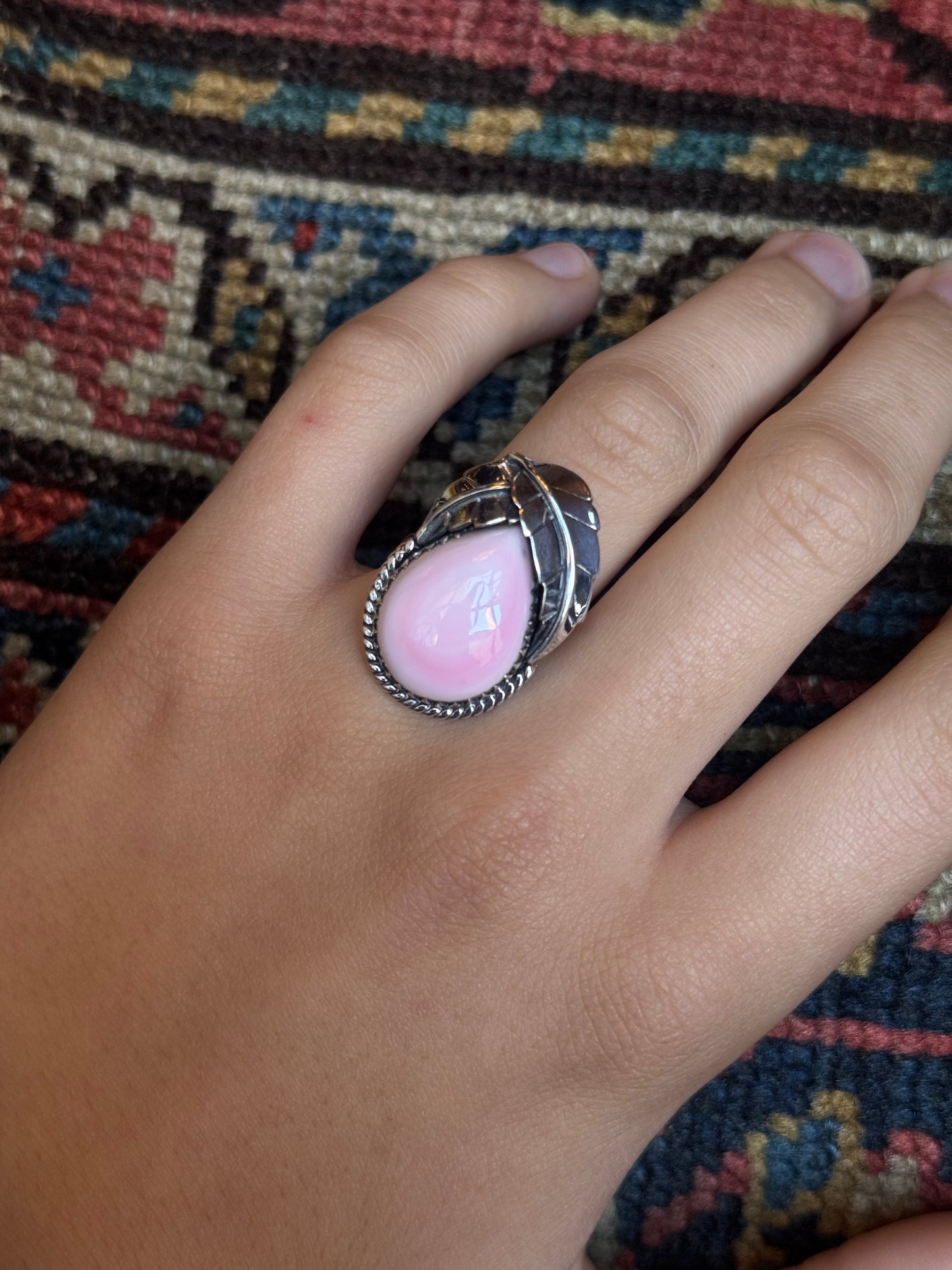Feather Design Pink Conch Ring | Sterling Silver | Size 8 | C165