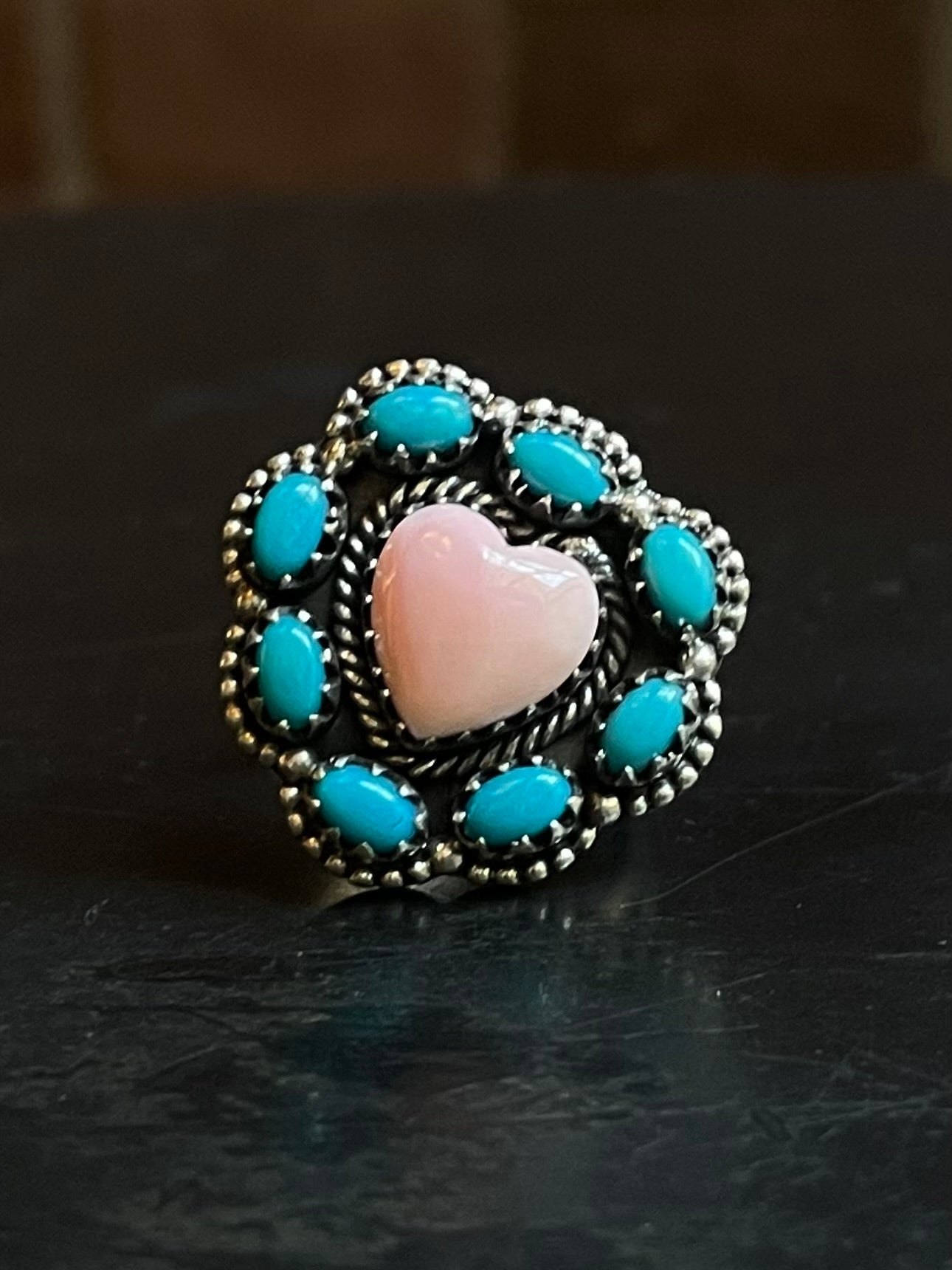 Pink Conch Turquoise Heart Ring Size 6 | Sterling Silver E895