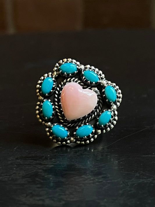 Pink Conch Turquoise Heart Ring Size 6 | Sterling Silver E895