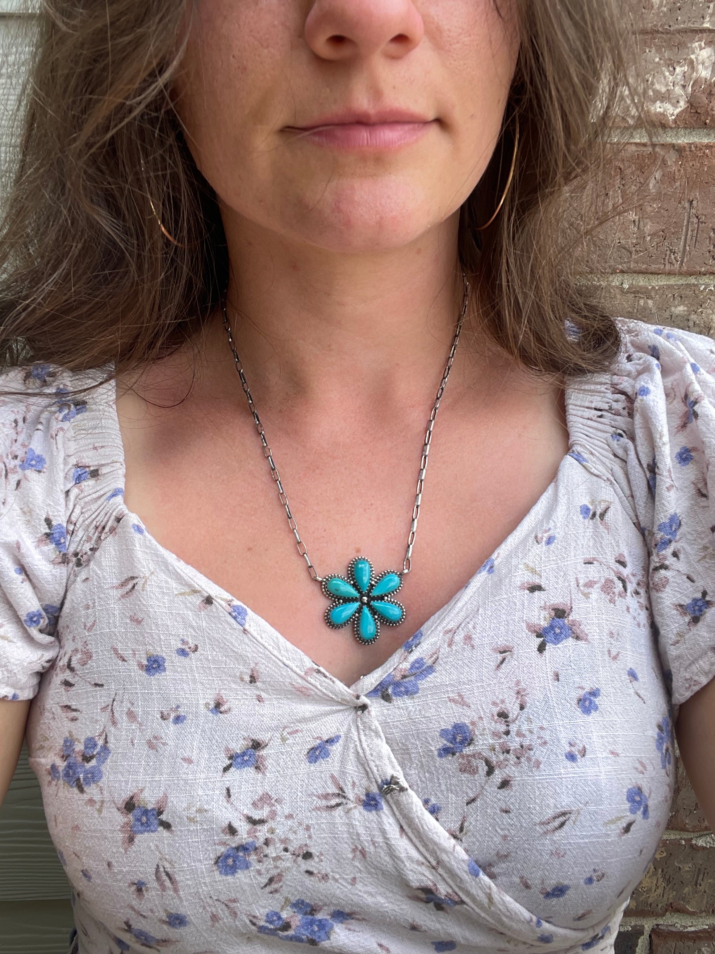 Kingman Turquoise Flower Necklace | 925 Sterling Silver G392