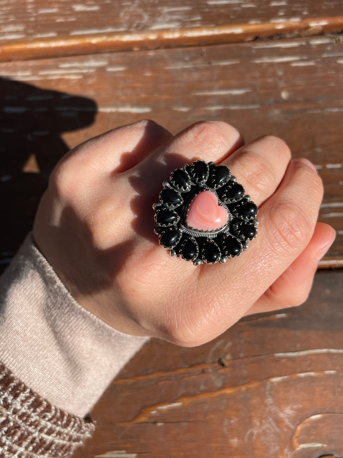 Pink Conch Heart Black Onyx Cluster Ring Size 6.75| 925 Sterling Silver D103