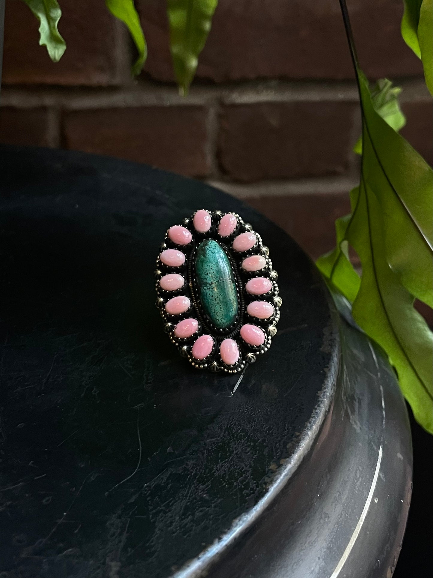 Pink Conch Turquoise Flower Ring | Sterling Silver 925 Size 8 C741