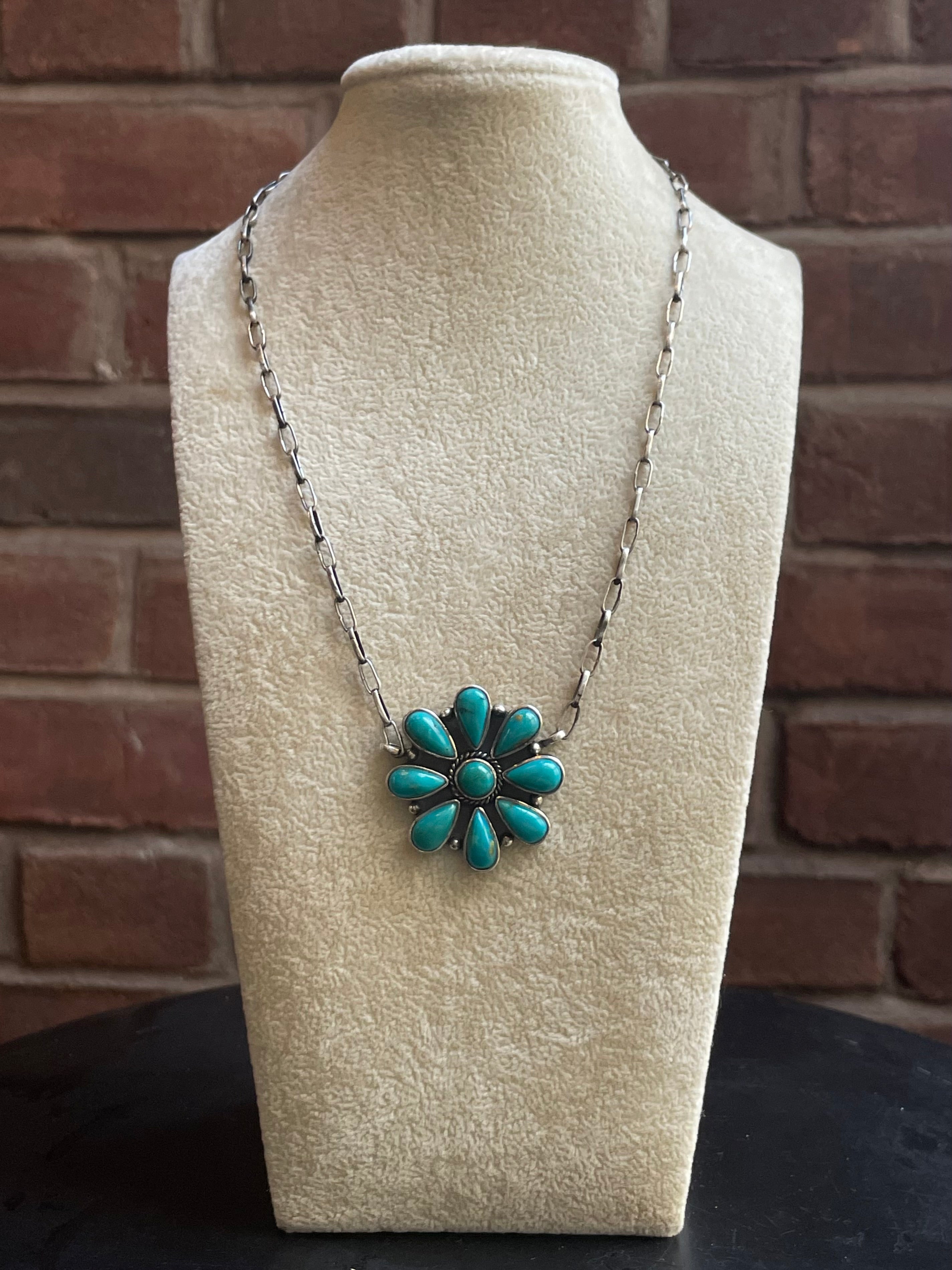 Kingman Turquoise Flower Necklace | 925 Sterling Silver G594