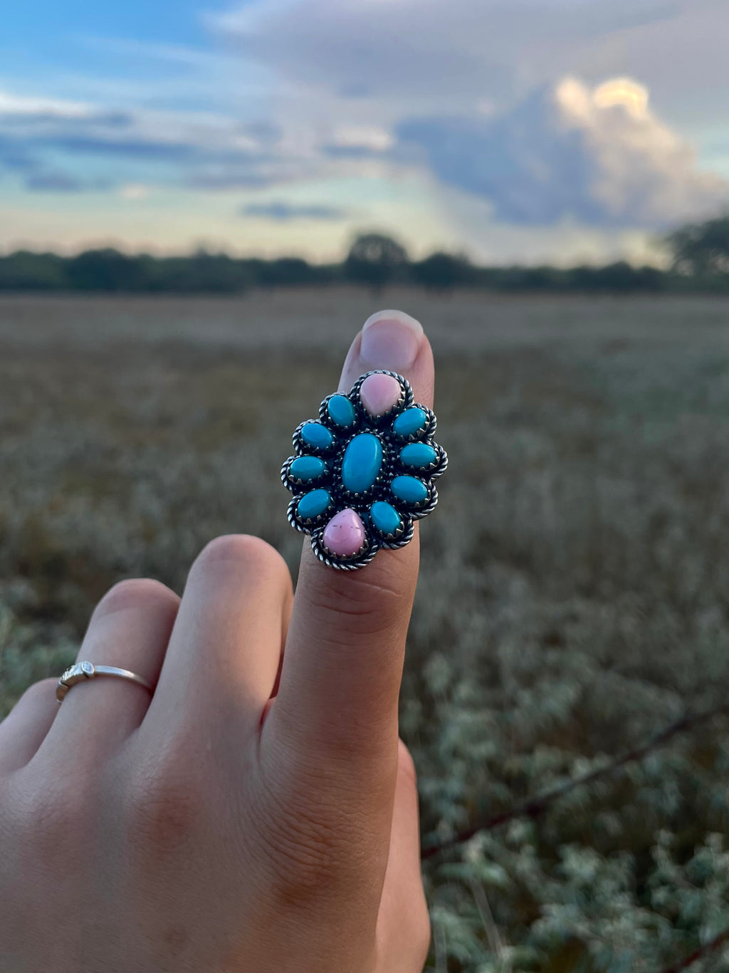 Turquoise & Pink Conch Cluster Ring | 925 Sterling Silver Size 6 G824
