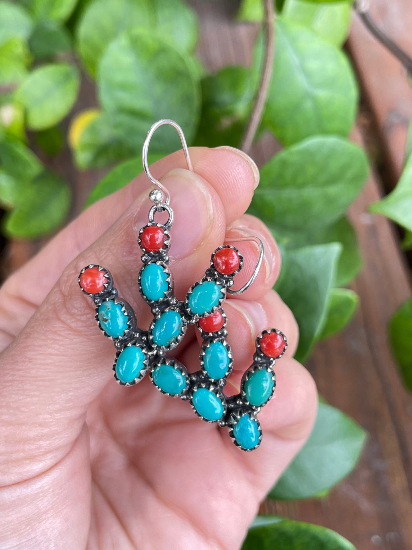 Turquoise and Coral Cactus Earrings | Sterling Silver B951