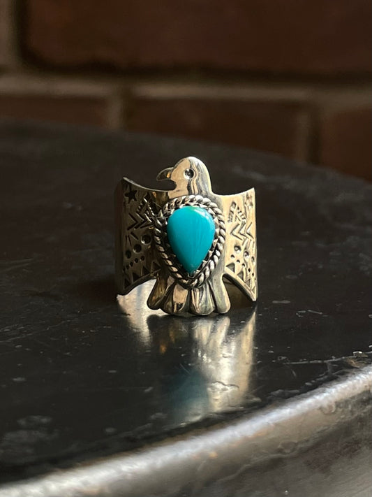Kingman Turquoise Thunderbird Ring | 925 Sterling Silver | Size 9 E320