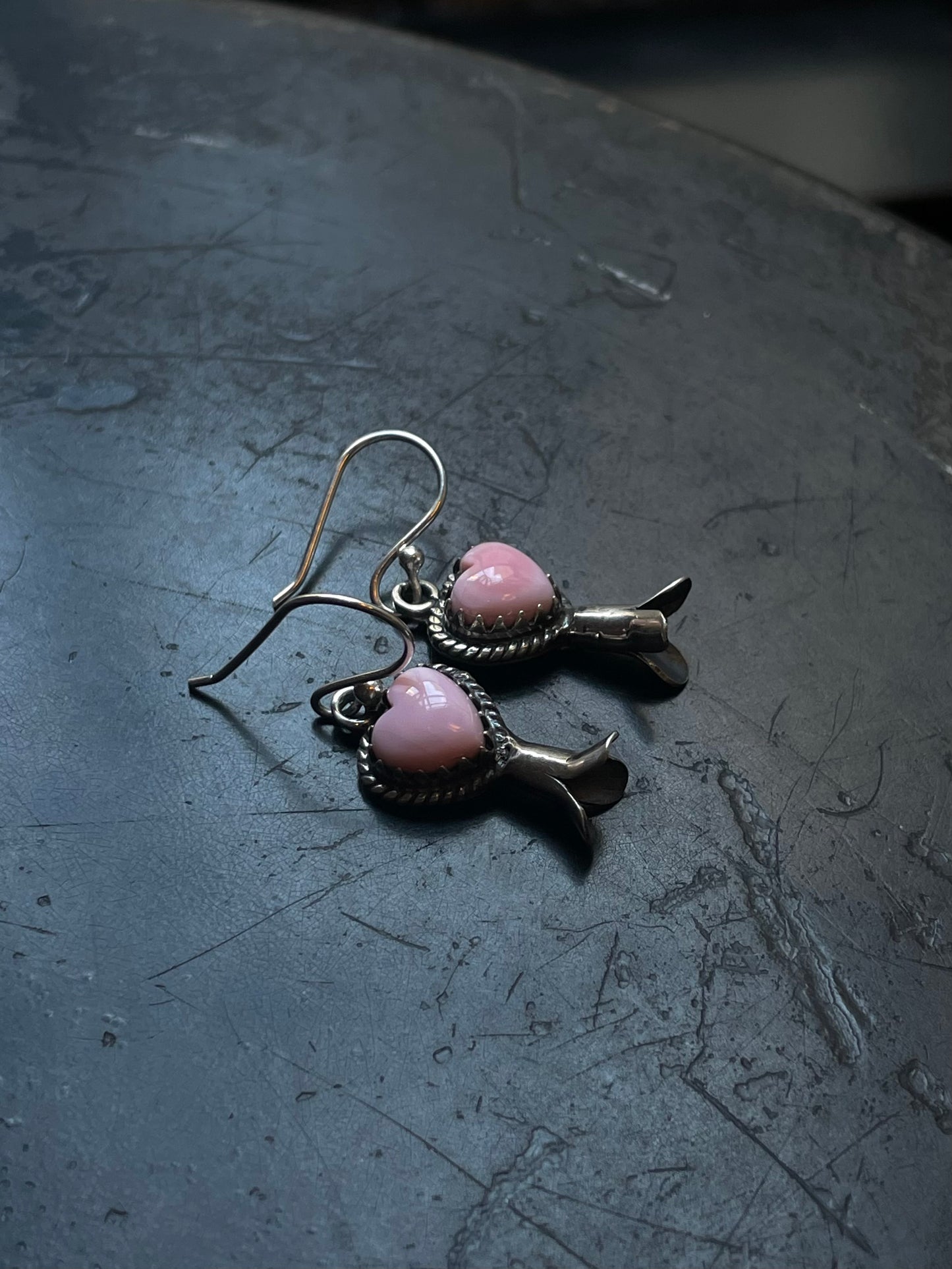 Pink Conch Squash Blossom Earrings | Heart Drop Hook E677