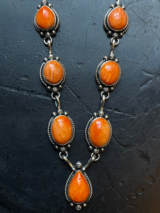Orange Spiny Oyster Station Necklace | 925 Sterling Silver E600