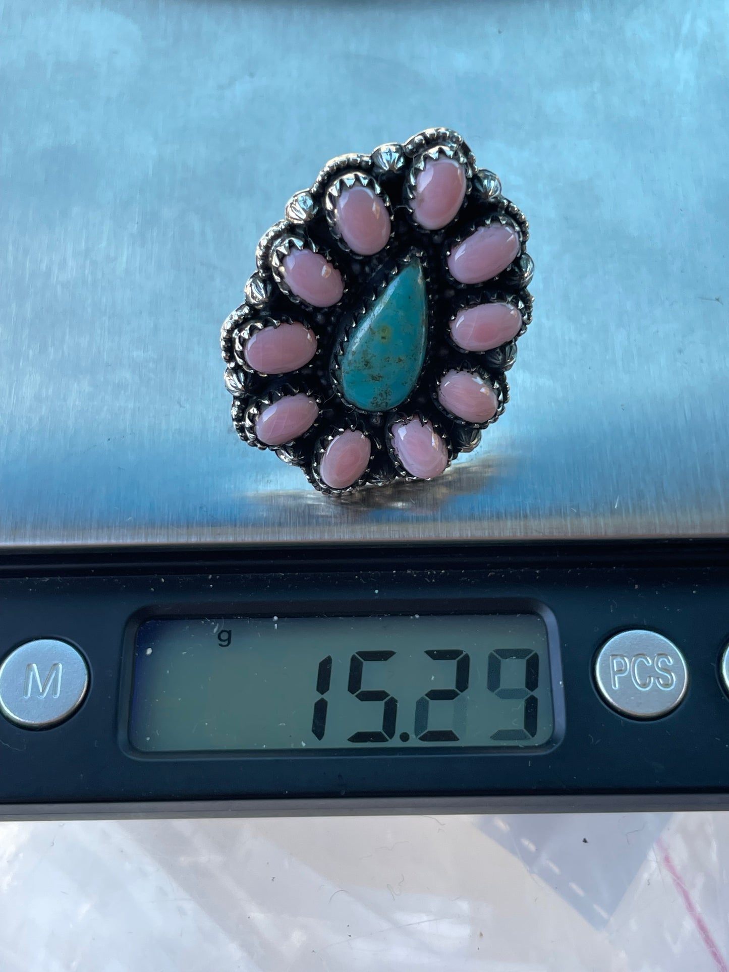 Pink Conch Turquoise Flower Ring | Sterling Silver Size 9 925 C739