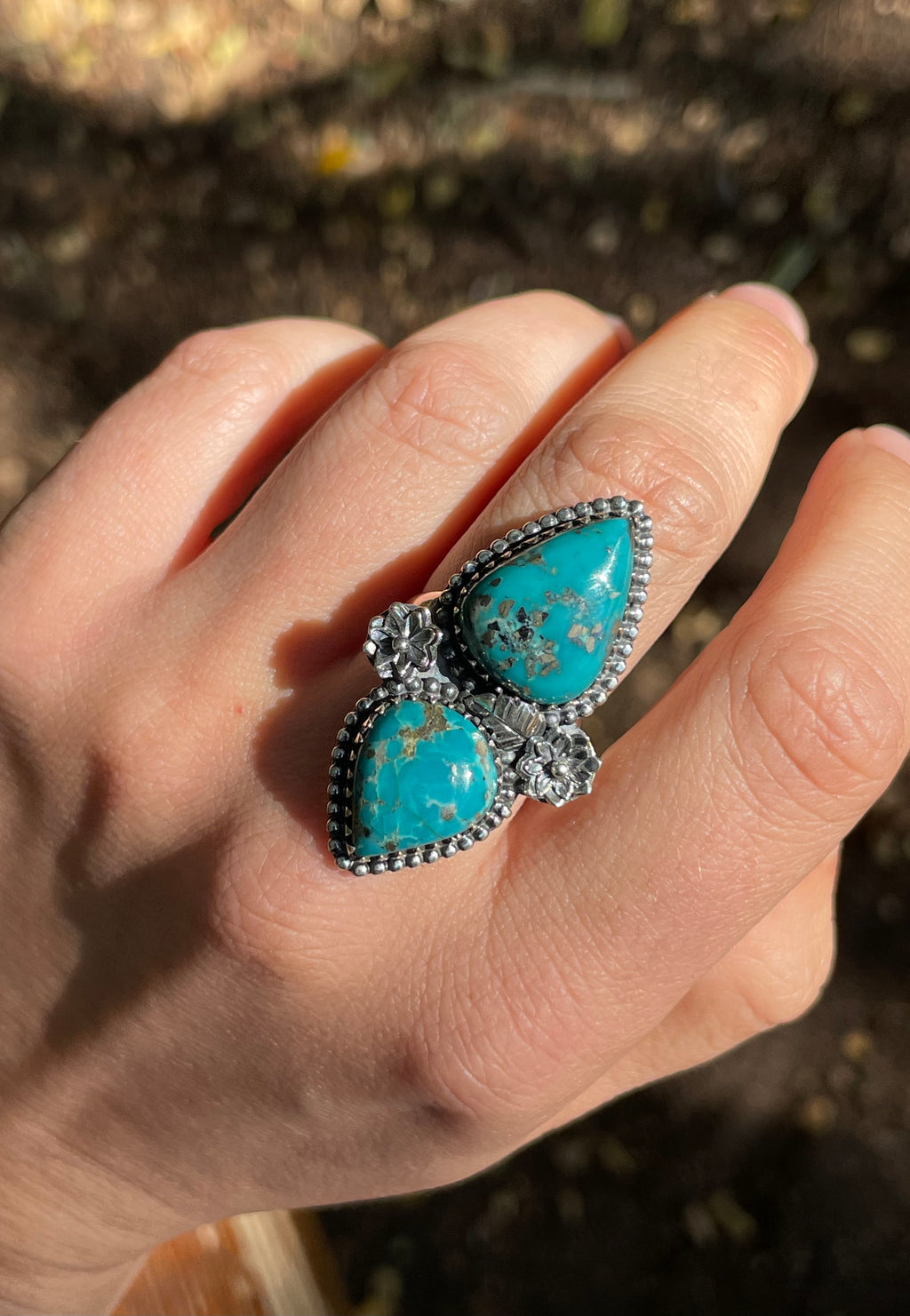 Turquoise Double Stone Floral Design Ring | Sterling Silver 925 | Size 7 B392