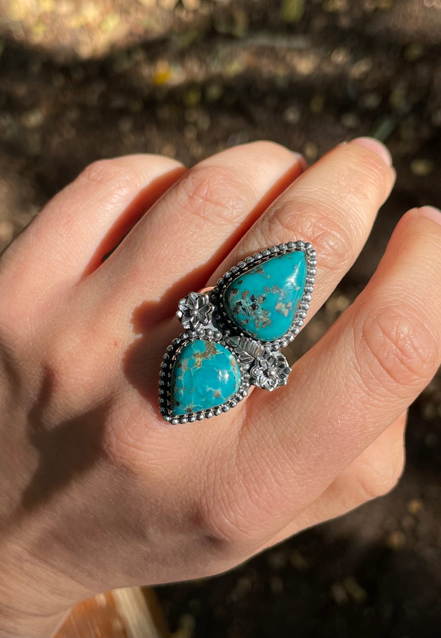 Turquoise Double Stone Floral Design Ring | Sterling Silver 925 | Size 7 B392
