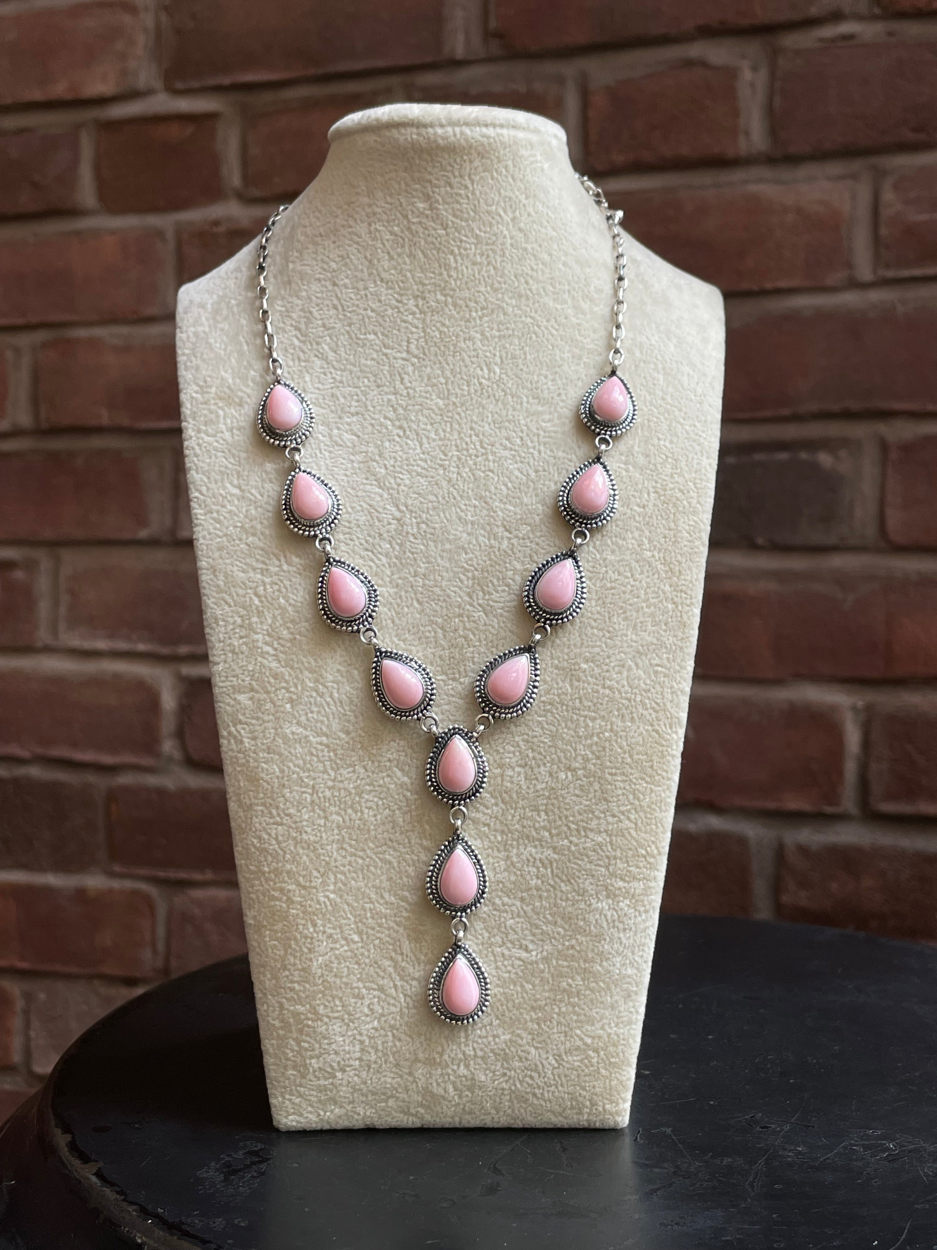 Pink Conch Lariat Necklace | Teardrop Station Drop | 925 Silver E559