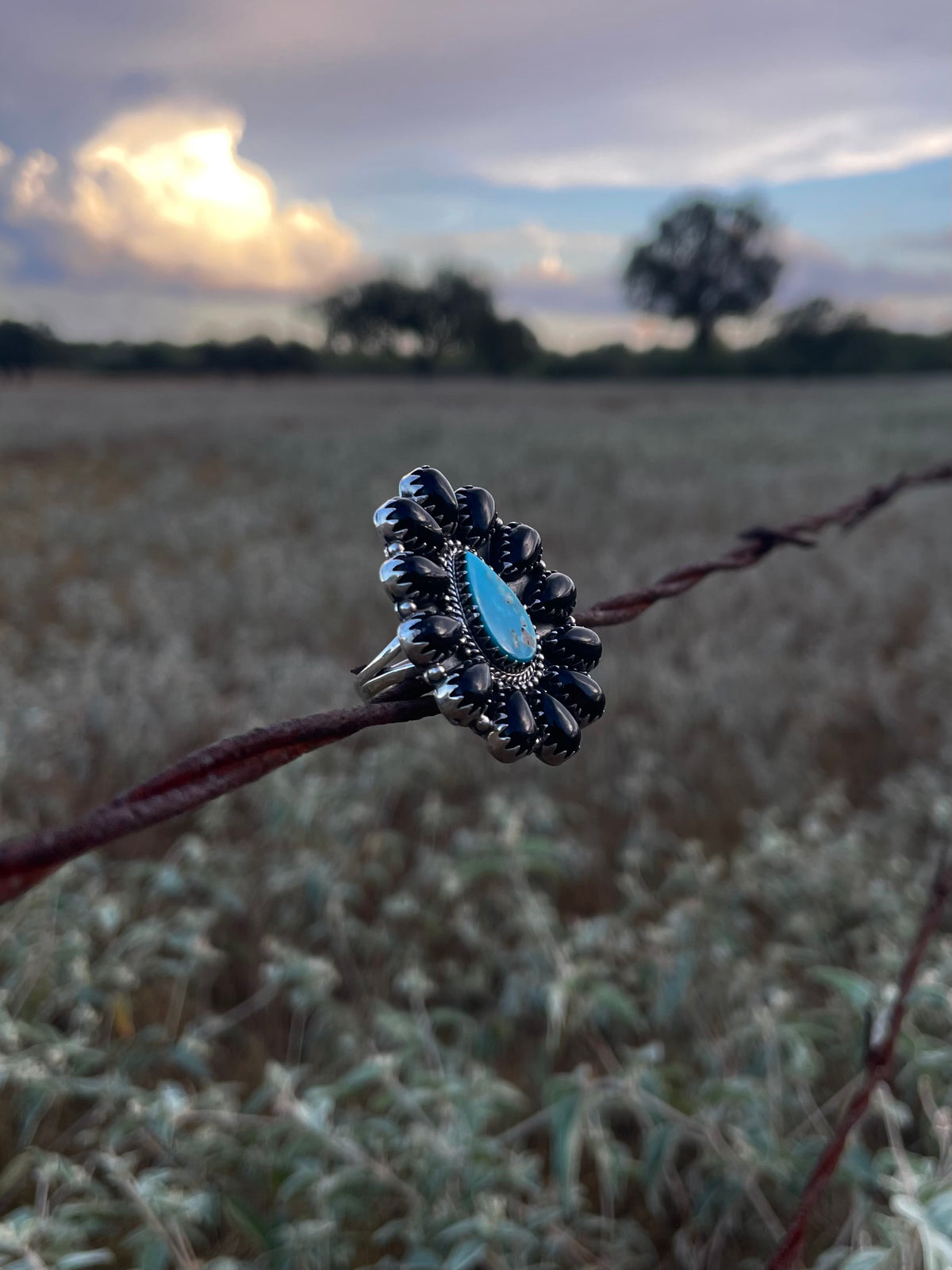 Turquoise & Black Onyx Cluster Ring | 925 Sterling Silver Size 8.75 G823