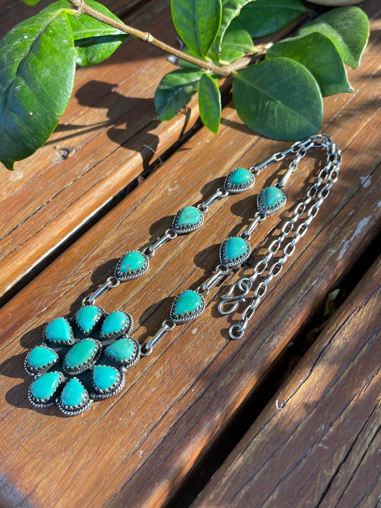 Kingman Turquoise Flower Necklace | Sterling Silver 925 Cluster |B895