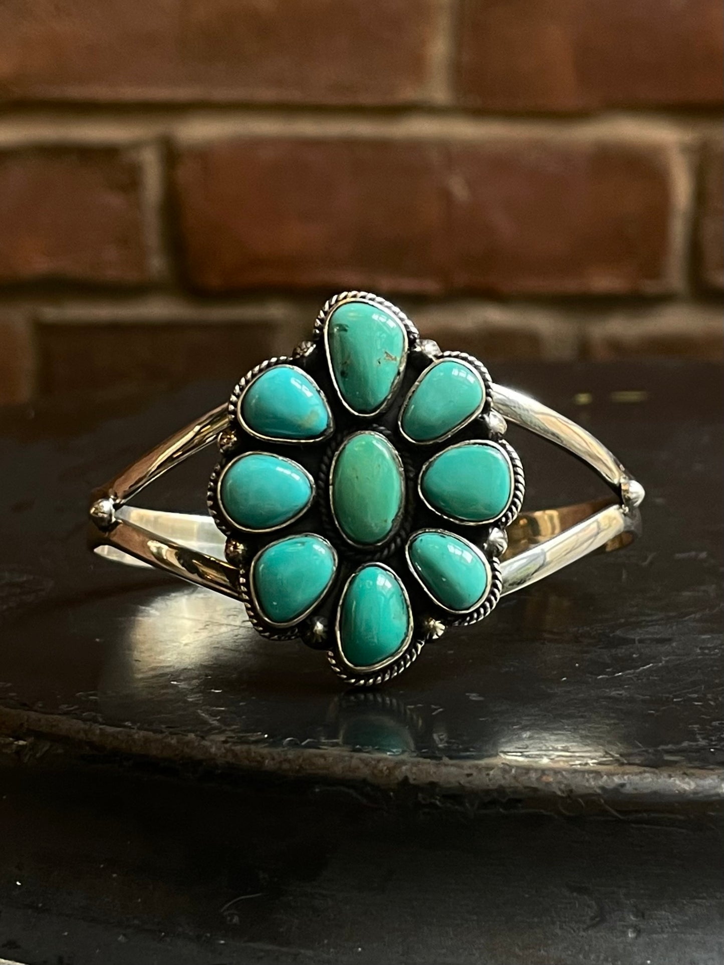 Kingman Turquoise Cuff | Cluster Flower Design | 925 Silver E540