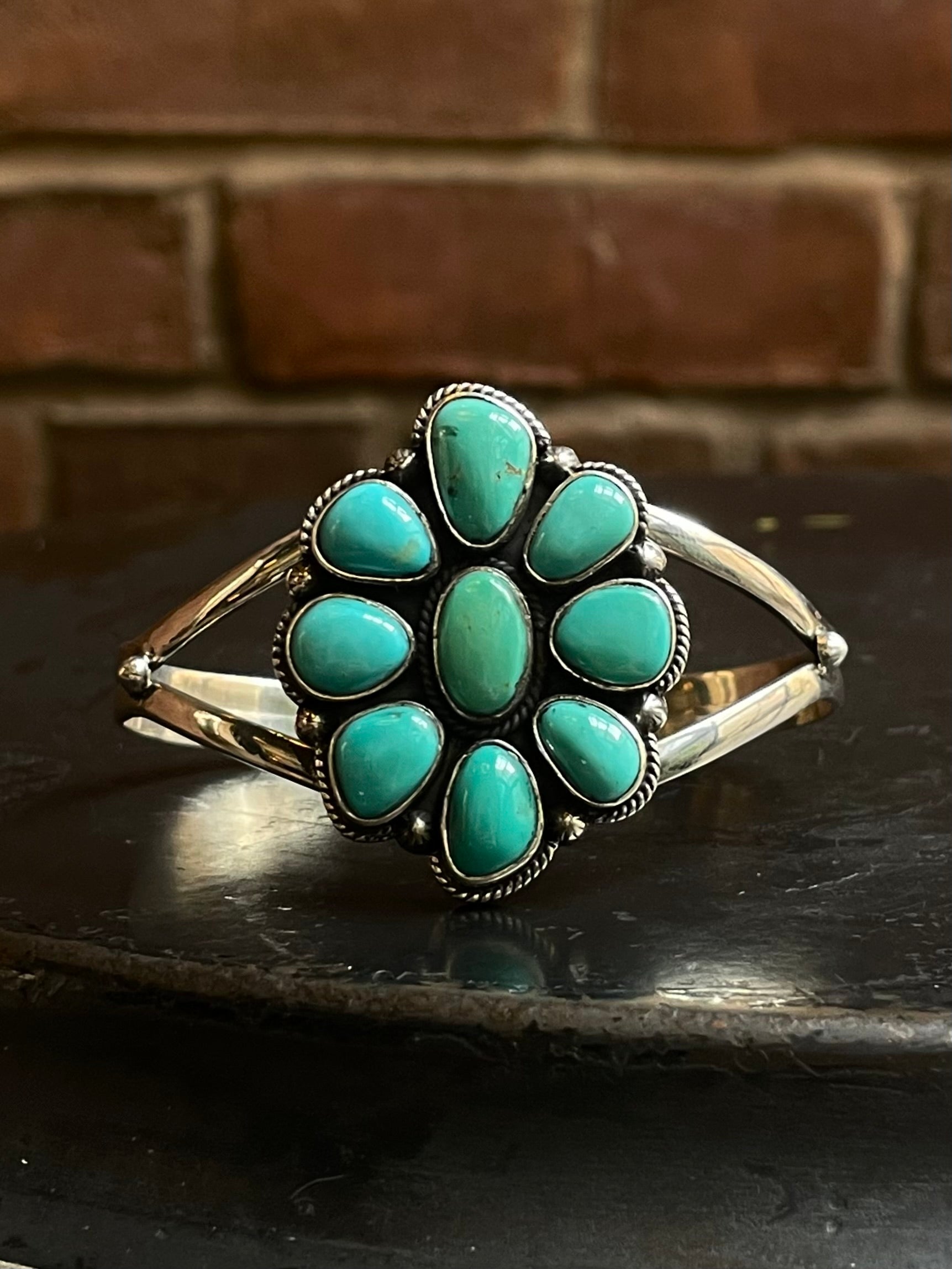 Kingman Turquoise Cuff | Cluster Flower Design | 925 Silver E540