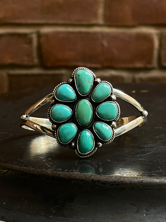 Kingman Turquoise Cuff | Cluster Flower Design | 925 Silver E540