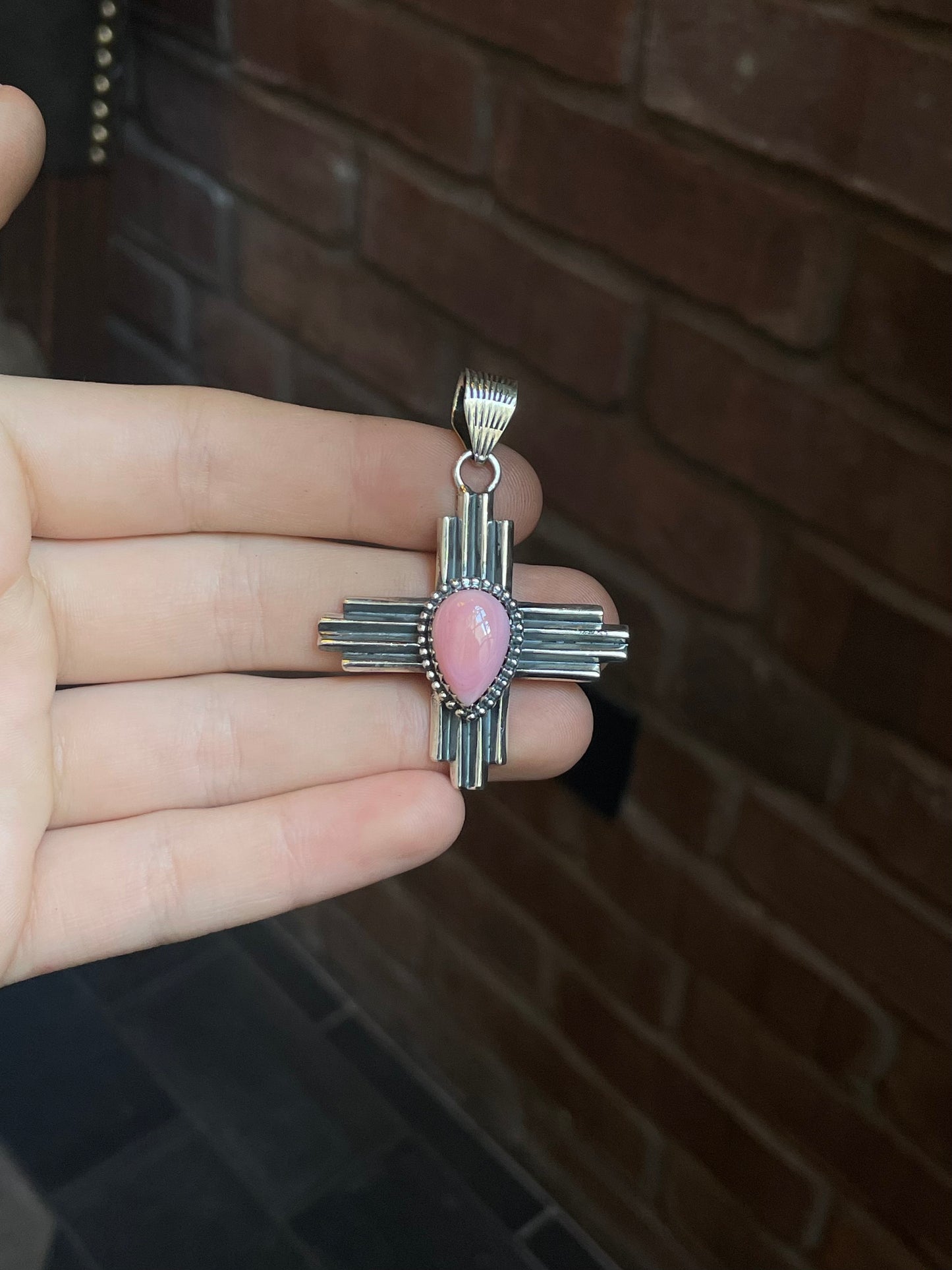 Turquoise Pink Conch Zia Cross Pendant | Sterling Silver 925 C627