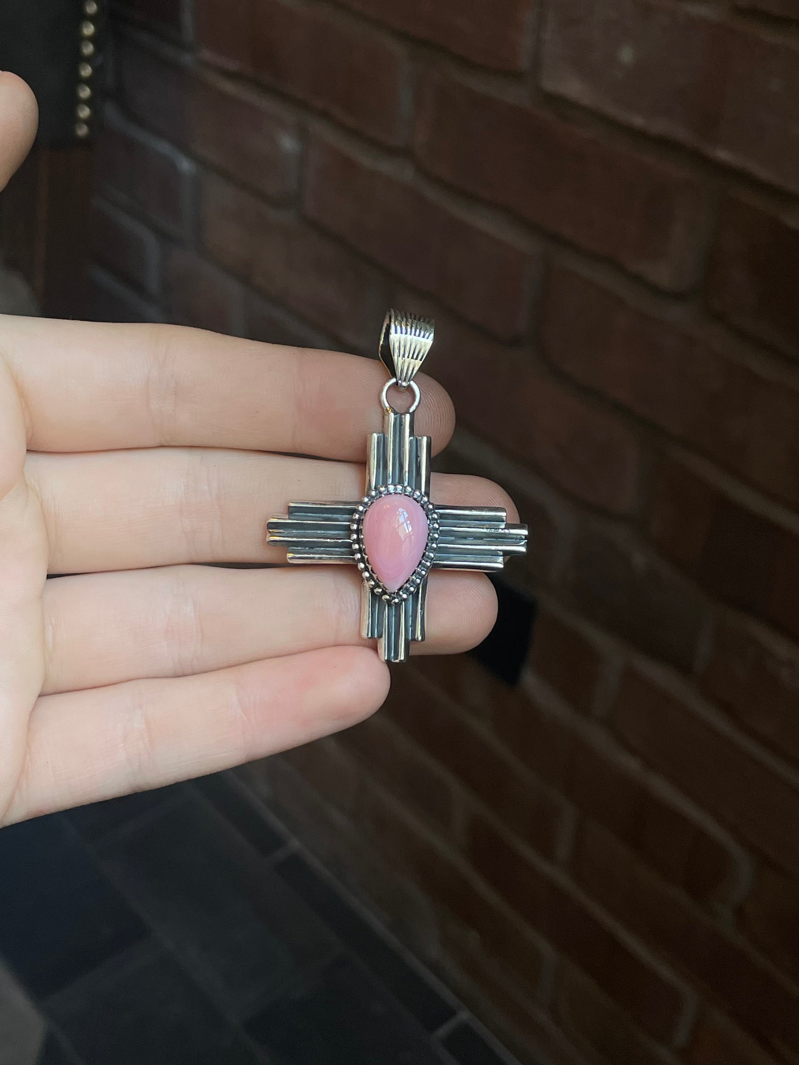 Turquoise Pink Conch Zia Cross Pendant | Sterling Silver 925 C627