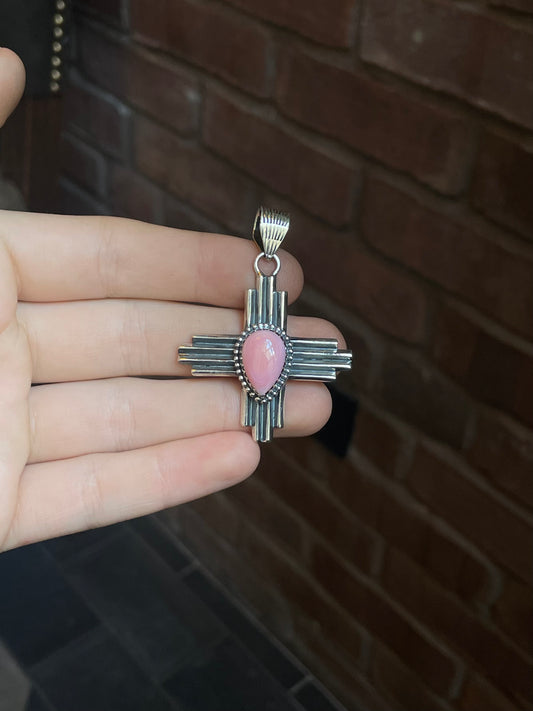 Turquoise Pink Conch Zia Cross Pendant | Sterling Silver 925 C627