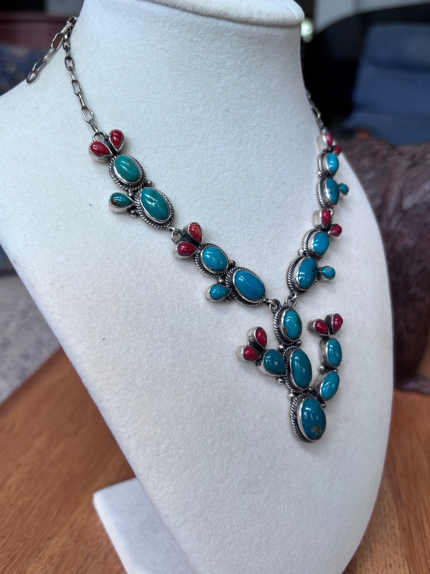 Turquoise Coral Prickly Pear Necklace | 925 Sterling Silver A106