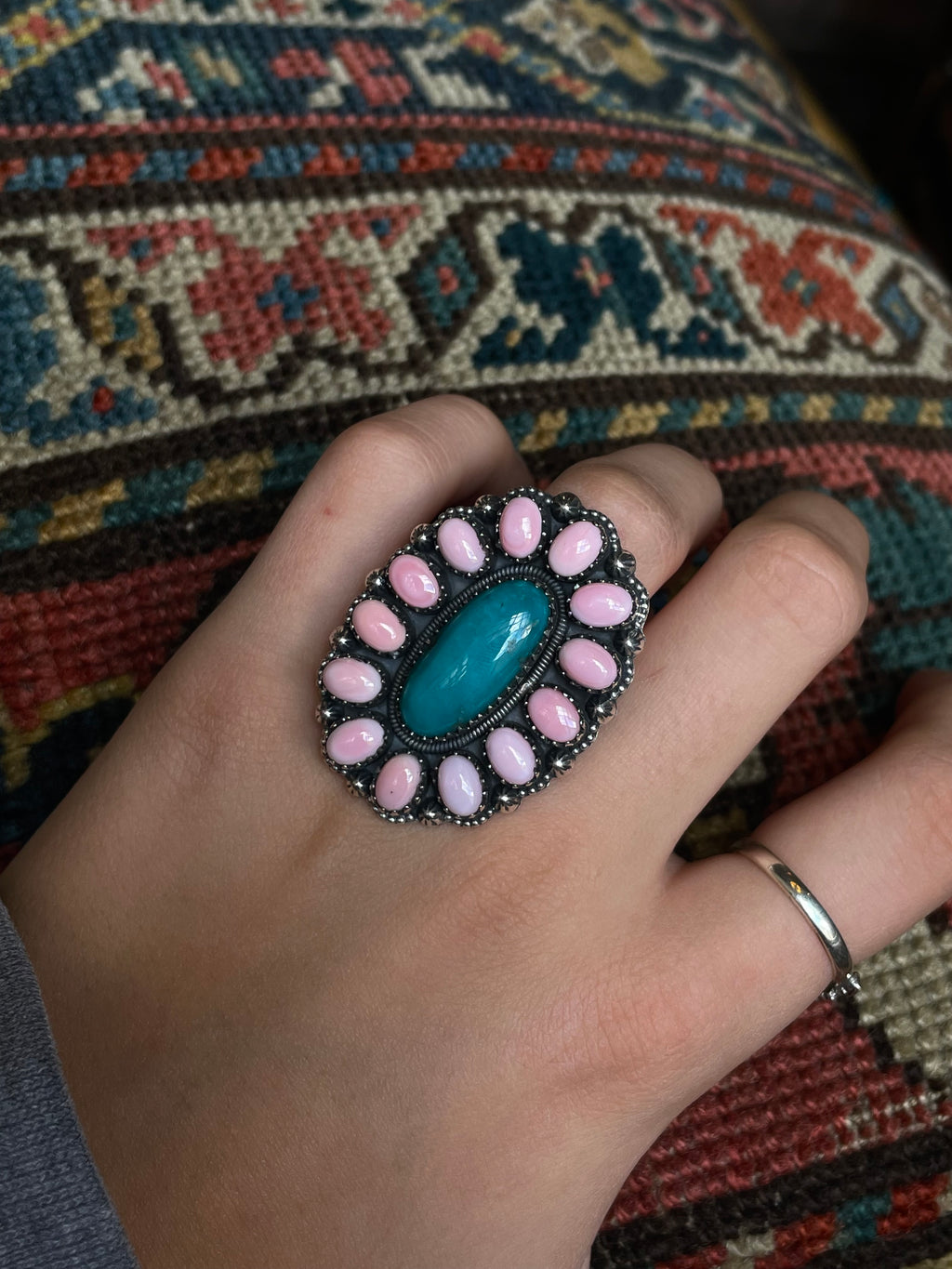 Pink Conch Turquoise Flower Ring | Sterling Silver 925 Size 7 C740