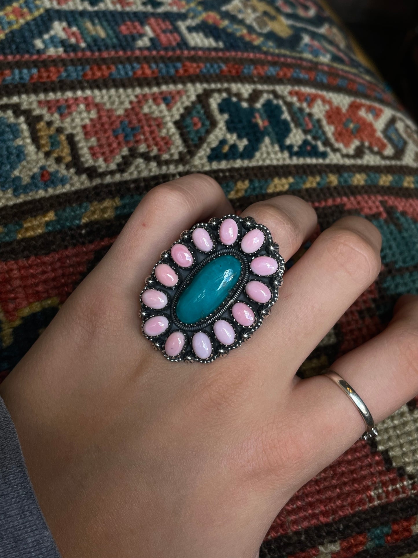 Pink Conch Turquoise Flower Ring | Sterling Silver 925 Size 7 C740