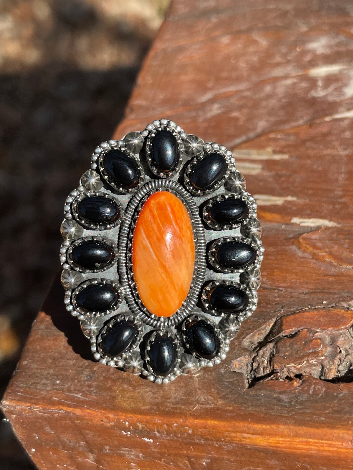 Spiny Oyster Black Onyx Cluster Ring Size 8 | 925 Sterling Silver B996