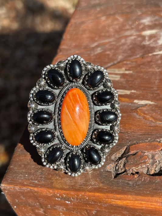 Spiny Oyster Black Onyx Cluster Ring Size 8 | 925 Sterling Silver B996