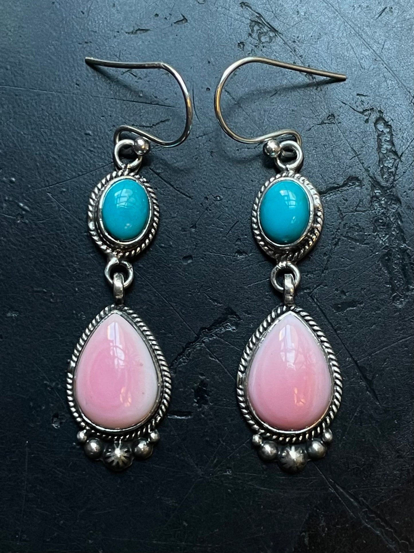 Pink Conch Kingman Turquoise Earrings | Teardrop Drop Hook E668