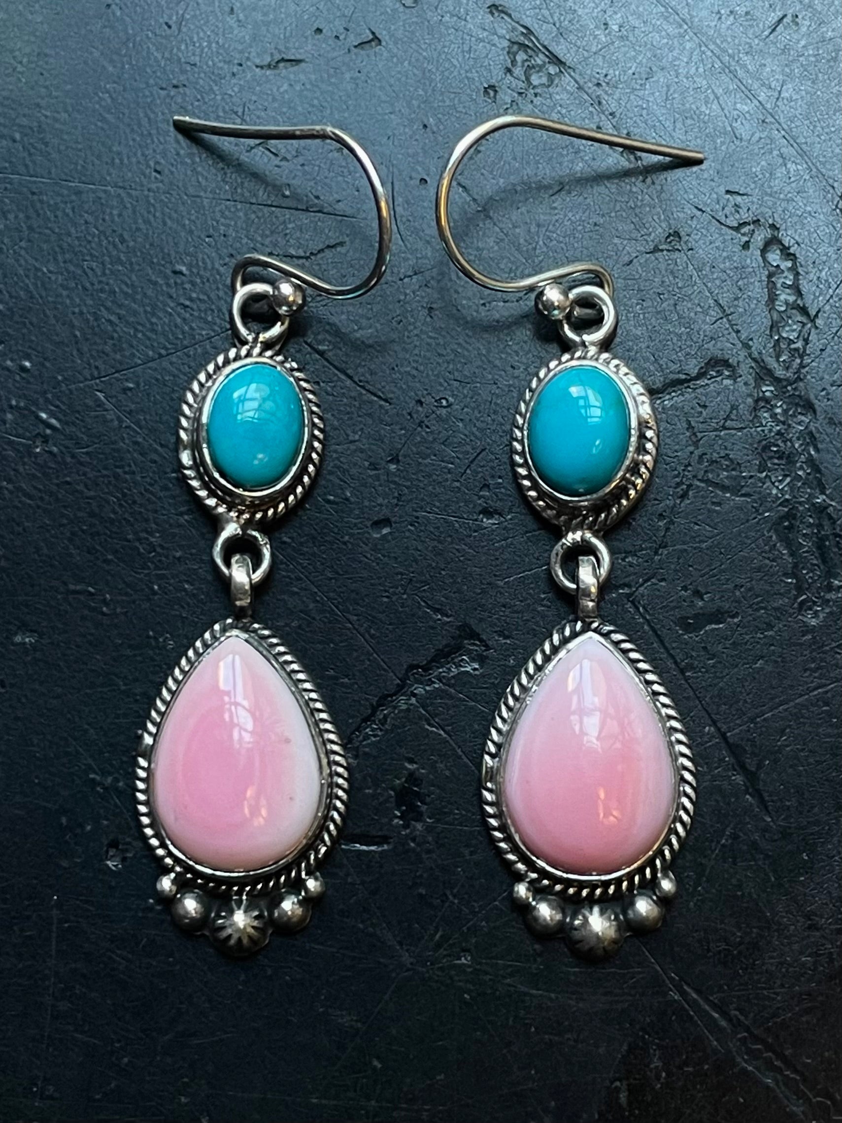 Pink Conch Kingman Turquoise Earrings | Teardrop Drop Hook E668