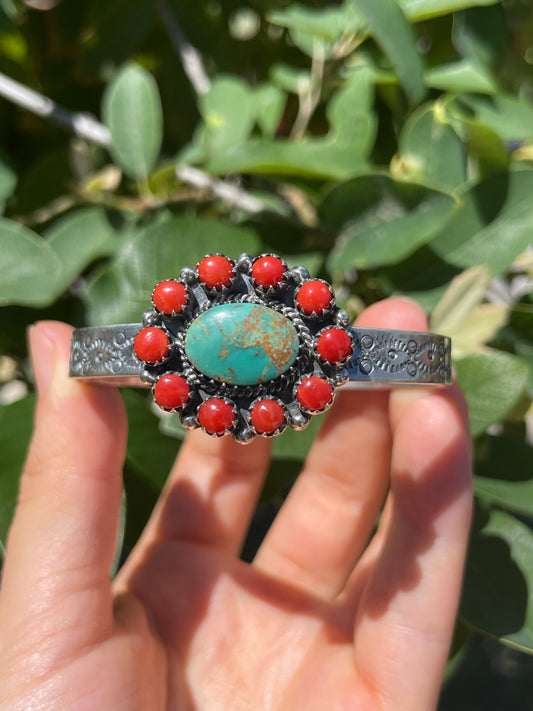 Kingman Turquoise & Red Coral Cluster Cuff Bracelet | Sterling Silver D139
