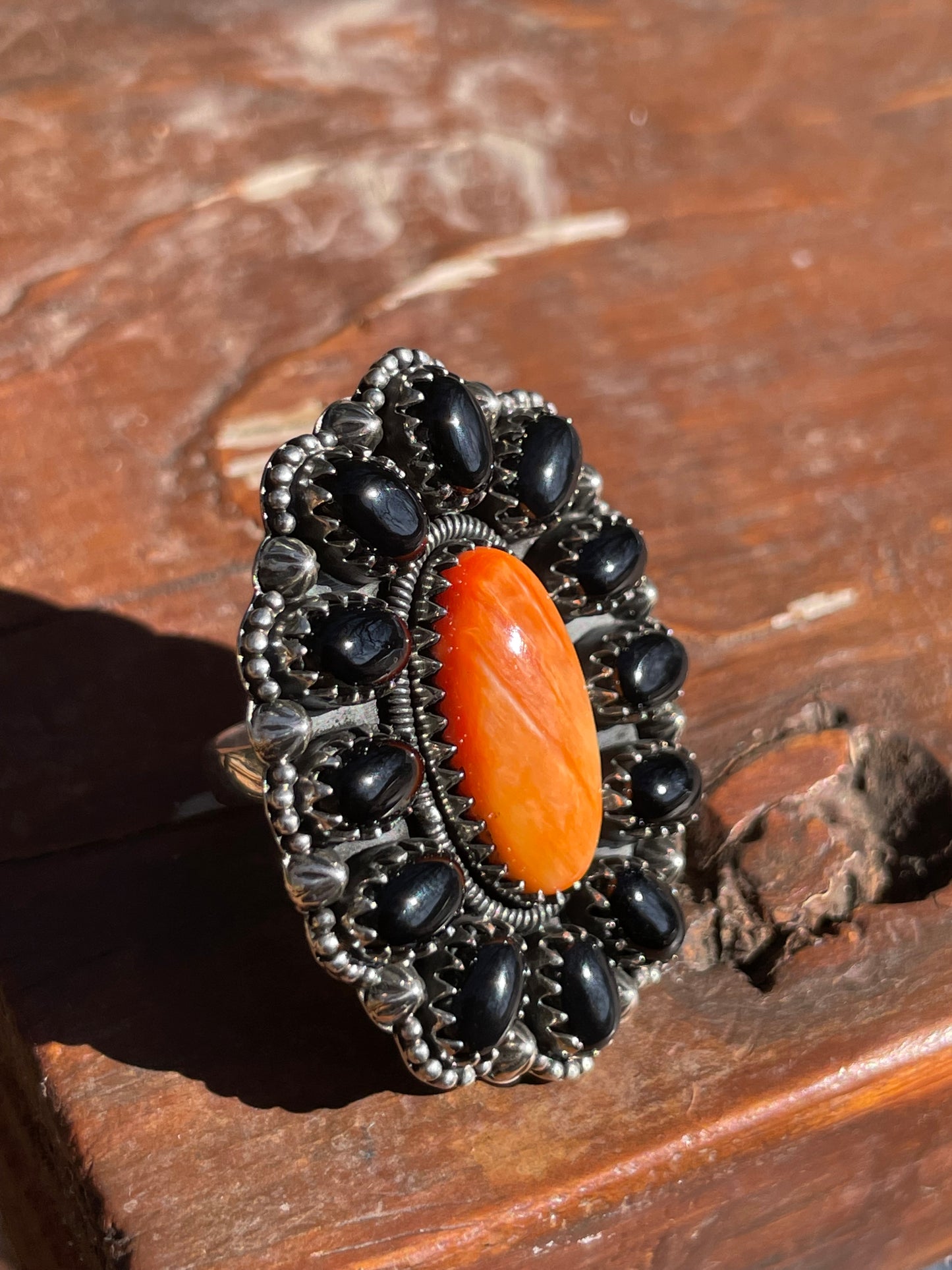 Spiny Oyster Black Onyx Cluster Ring Size 8 | 925 Sterling Silver B996