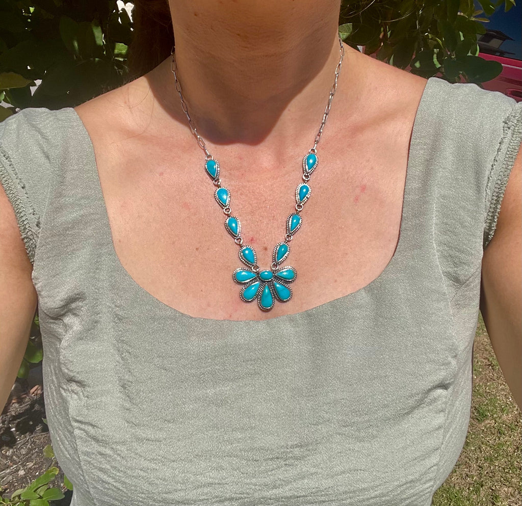 Kingman Turquoise Flower Lariat Necklace | Sterling Silver D133